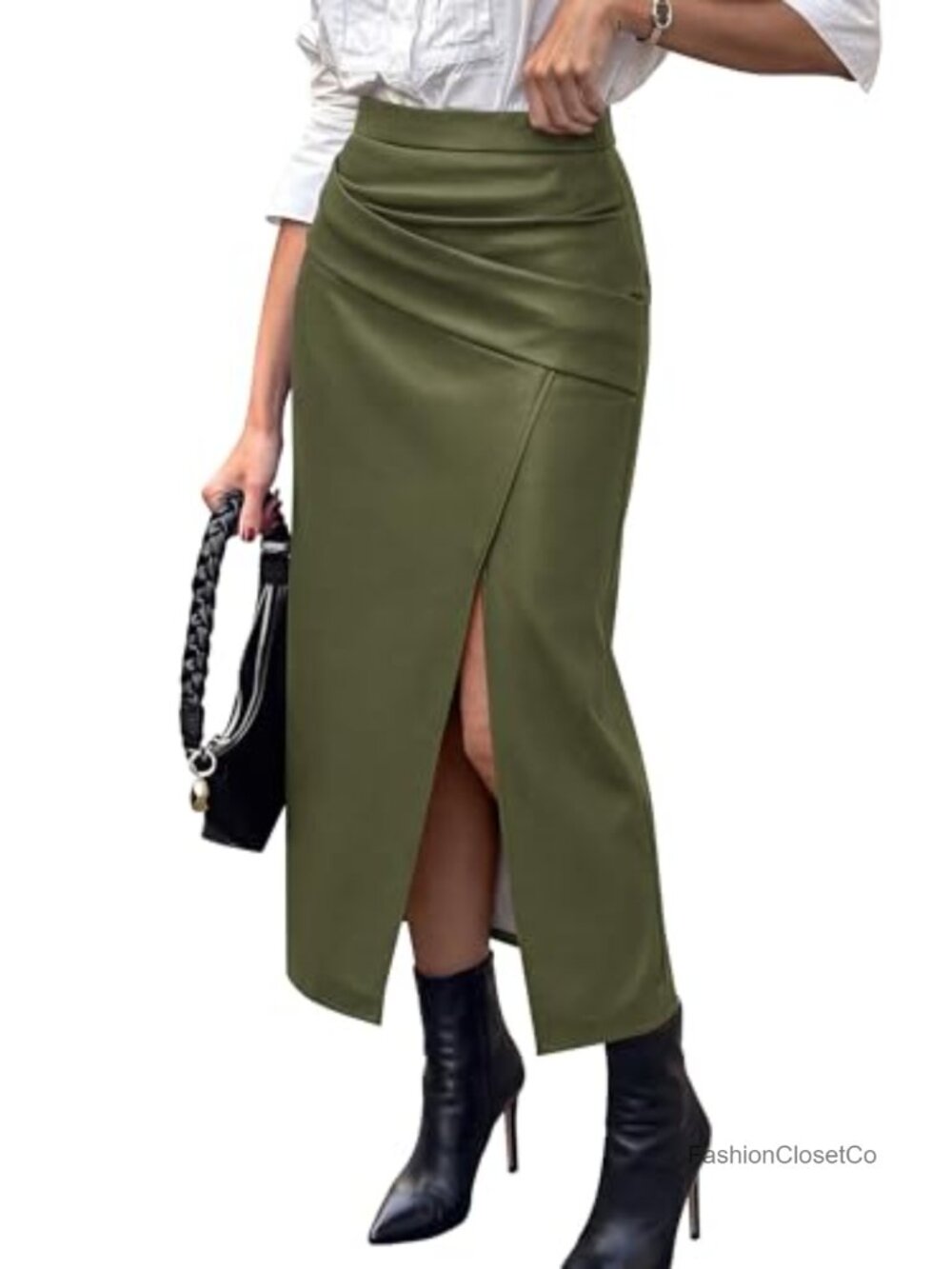 Faux Leather Long Pencil Skirt with Slit Tummy Control Work Skirt